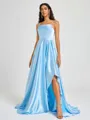 A-line Spaghetti Straps Pleated Sweep Train Silk Like Satin Bridesmaid Dress
