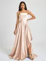 A-line Spaghetti Straps Pleated Sweep Train Silk Like Satin Bridesmaid Dress
