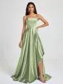 A-line Spaghetti Straps Pleated Sweep Train Silk Like Satin Bridesmaid Dress