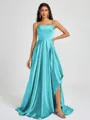 A-line Spaghetti Straps Pleated Sweep Train Silk Like Satin Bridesmaid Dress