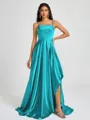 A-line Spaghetti Straps Pleated Sweep Train Silk Like Satin Bridesmaid Dress