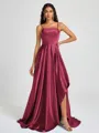 A-line Spaghetti Straps Pleated Sweep Train Silk Like Satin Bridesmaid Dress