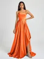 A-line Spaghetti Straps Pleated Sweep Train Silk Like Satin Bridesmaid Dress