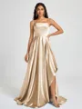 A-line Spaghetti Straps Pleated Sweep Train Silk Like Satin Bridesmaid Dress