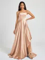 A-line Spaghetti Straps Pleated Sweep Train Silk Like Satin Bridesmaid Dress