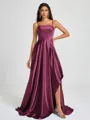 A-line Spaghetti Straps Pleated Sweep Train Silk Like Satin Bridesmaid Dress