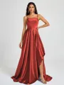 A-line Spaghetti Straps Pleated Sweep Train Silk Like Satin Bridesmaid Dress