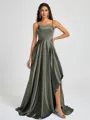 A-line Spaghetti Straps Pleated Sweep Train Silk Like Satin Bridesmaid Dress