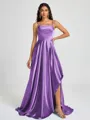 A-line Spaghetti Straps Pleated Sweep Train Silk Like Satin Bridesmaid Dress