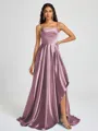 A-line Spaghetti Straps Pleated Sweep Train Silk Like Satin Bridesmaid Dress
