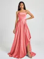 A-line Spaghetti Straps Pleated Sweep Train Silk Like Satin Bridesmaid Dress