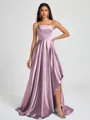 A-line Spaghetti Straps Pleated Sweep Train Silk Like Satin Bridesmaid Dress