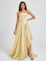 A-line Spaghetti Straps Pleated Sweep Train Silk Like Satin Bridesmaid Dress