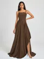 A-line Spaghetti Straps Pleated Sweep Train Silk Like Satin Bridesmaid Dress