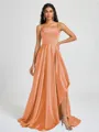A-line Spaghetti Straps Pleated Sweep Train Silk Like Satin Bridesmaid Dress