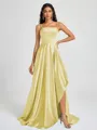 A-line Spaghetti Straps Pleated Sweep Train Silk Like Satin Bridesmaid Dress