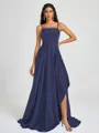 A-line Spaghetti Straps Pleated Sweep Train Silk Like Satin Bridesmaid Dress