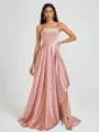 A-line Spaghetti Straps Pleated Sweep Train Silk Like Satin Bridesmaid Dress