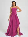 A-line Spaghetti Straps Pleated Sweep Train Silk Like Satin Bridesmaid Dress