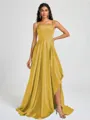 A-line Spaghetti Straps Pleated Sweep Train Silk Like Satin Bridesmaid Dress