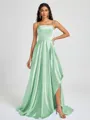A-line Spaghetti Straps Pleated Sweep Train Silk Like Satin Bridesmaid Dress