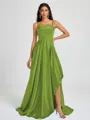 A-line Spaghetti Straps Pleated Sweep Train Silk Like Satin Bridesmaid Dress