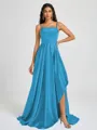 A-line Spaghetti Straps Pleated Sweep Train Silk Like Satin Bridesmaid Dress