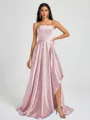 A-line Spaghetti Straps Pleated Sweep Train Silk Like Satin Bridesmaid Dress