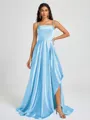 A-line Spaghetti Straps Pleated Sweep Train Silk Like Satin Bridesmaid Dress