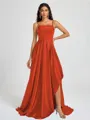 A-line Spaghetti Straps Pleated Sweep Train Silk Like Satin Bridesmaid Dress