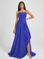 A-line Spaghetti Straps Pleated Sweep Train Silk Like Satin Bridesmaid Dress