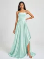 A-line Spaghetti Straps Pleated Sweep Train Silk Like Satin Bridesmaid Dress