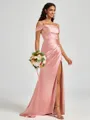 Sheath Cold Shoulder Pleated Sweep Train Silk Like Satin Corset Bridesmaid Dress