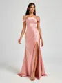 Sheath Cold Shoulder Pleated Sweep Train Silk Like Satin Corset Bridesmaid Dress