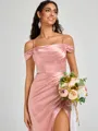 Sheath Cold Shoulder Pleated Sweep Train Silk Like Satin Corset Bridesmaid Dress