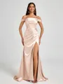 Sheath Cold Shoulder Pleated Sweep Train Silk Like Satin Corset Bridesmaid Dress