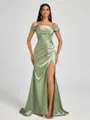 Sheath Cold Shoulder Pleated Sweep Train Silk Like Satin Corset Bridesmaid Dress