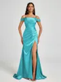 Sheath Cold Shoulder Pleated Sweep Train Silk Like Satin Corset Bridesmaid Dress