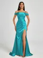 Sheath Cold Shoulder Pleated Sweep Train Silk Like Satin Corset Bridesmaid Dress