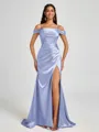 Sheath Cold Shoulder Pleated Sweep Train Silk Like Satin Corset Bridesmaid Dress