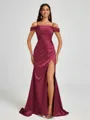 Sheath Cold Shoulder Pleated Sweep Train Silk Like Satin Corset Bridesmaid Dress