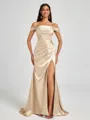 Sheath Cold Shoulder Pleated Sweep Train Silk Like Satin Corset Bridesmaid Dress