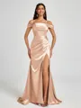 Sheath Cold Shoulder Pleated Sweep Train Silk Like Satin Corset Bridesmaid Dress