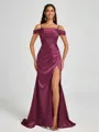 Sheath Cold Shoulder Pleated Sweep Train Silk Like Satin Corset Bridesmaid Dress