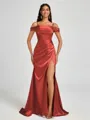 Sheath Cold Shoulder Pleated Sweep Train Silk Like Satin Corset Bridesmaid Dress