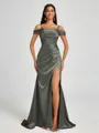 Sheath Cold Shoulder Pleated Sweep Train Silk Like Satin Corset Bridesmaid Dress