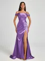 Sheath Cold Shoulder Pleated Sweep Train Silk Like Satin Corset Bridesmaid Dress