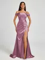 Sheath Cold Shoulder Pleated Sweep Train Silk Like Satin Corset Bridesmaid Dress
