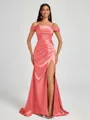 Sheath Cold Shoulder Pleated Sweep Train Silk Like Satin Corset Bridesmaid Dress