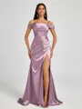 Sheath Cold Shoulder Pleated Sweep Train Silk Like Satin Corset Bridesmaid Dress